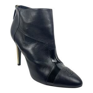 Chanel CC Logo Cap Toe Lamb Leather Heel Ankle Boots Black Size 38